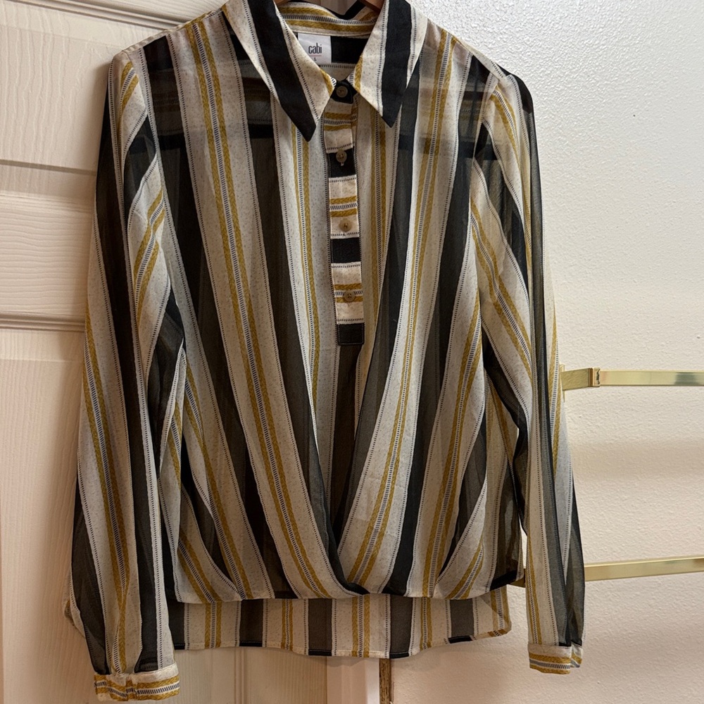 CAbi Sheer Striped Wrap Blouse in Black, Ivory & Mustard